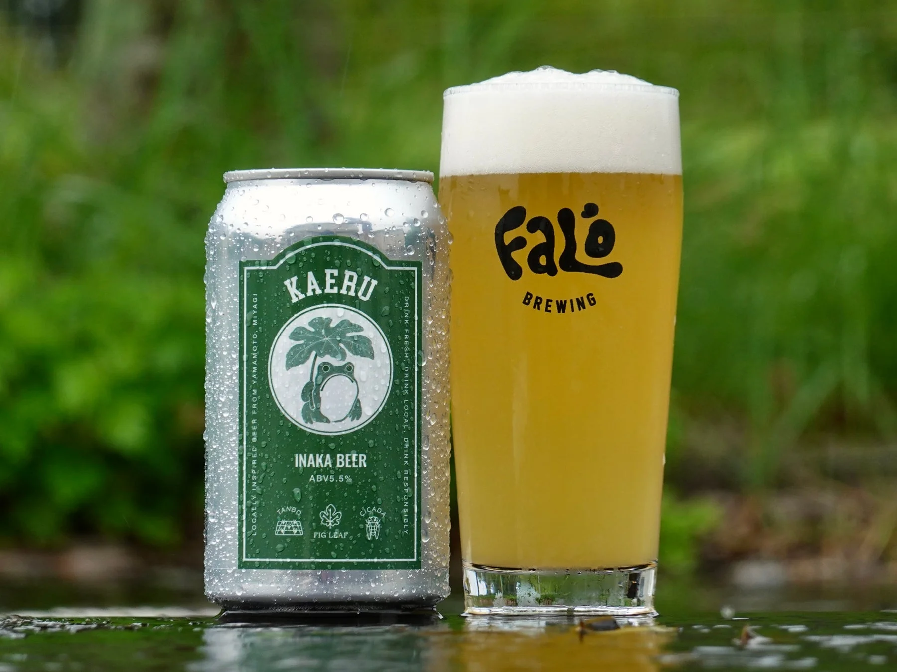 Kaeru Inaka Beerの缶とグラス