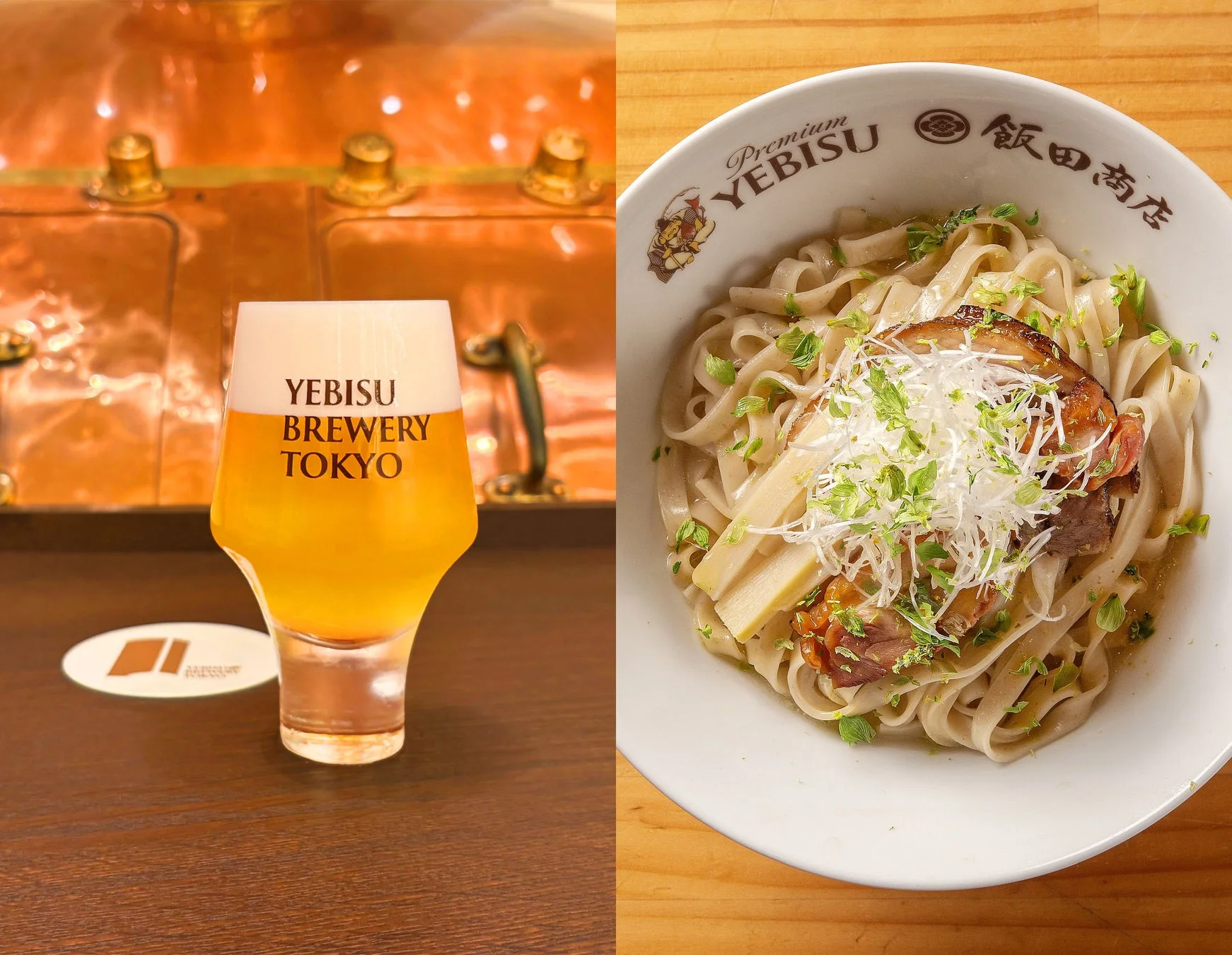 ビールとラーメンが並べられています。