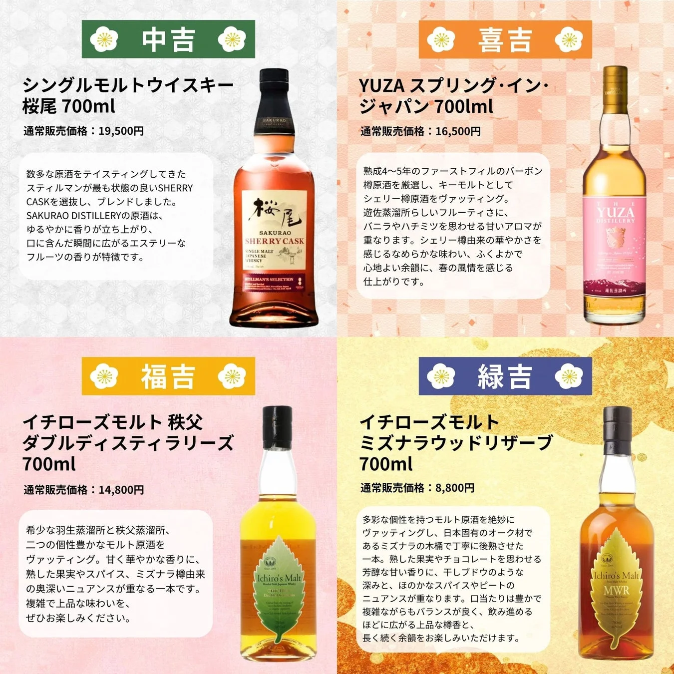 中吉、喜吉、福吉、緑吉のウイスキー