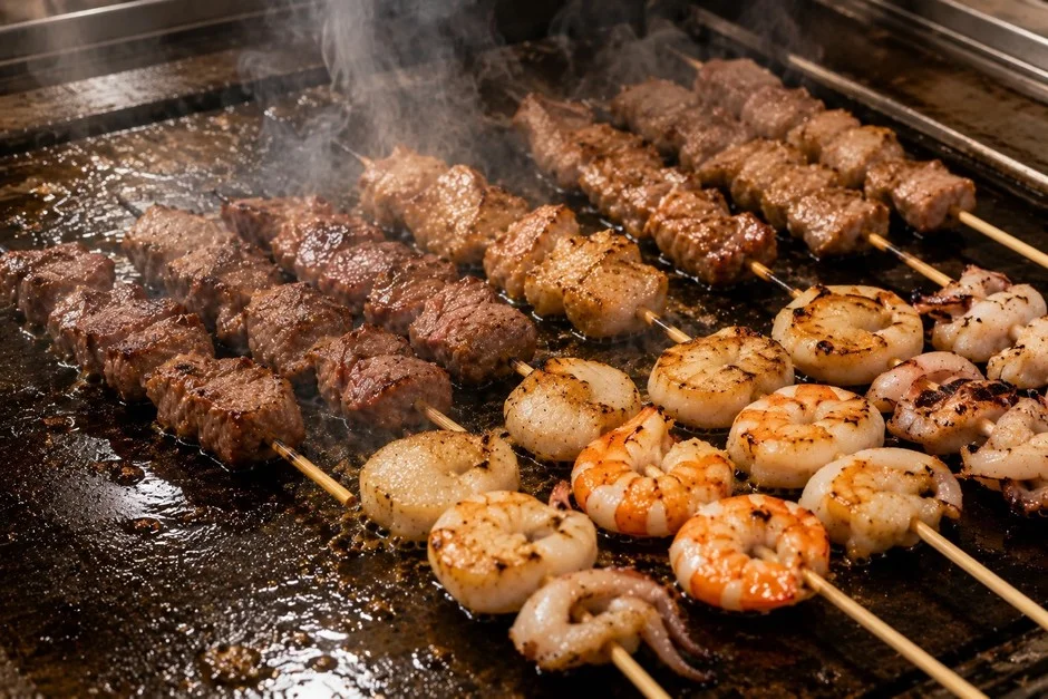 熱い鉄板の上で焼かれる串焼き
