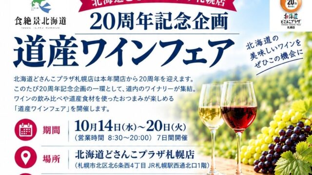 北海道どさんこプラザ札幌店で20周年記念企画「道産ワインフェア」を開催します